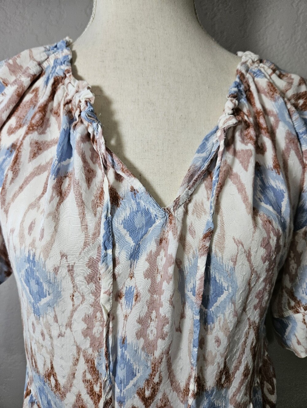 EUC Women’s Boho Tie-Neck Blouse in Blue and Brown Size S